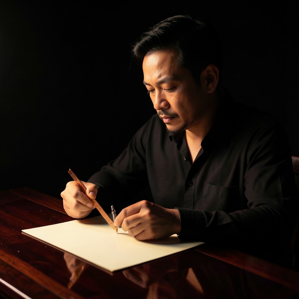 Portrait of Preecha Man at a dark drawing table with a copper ruler and blank cream paper