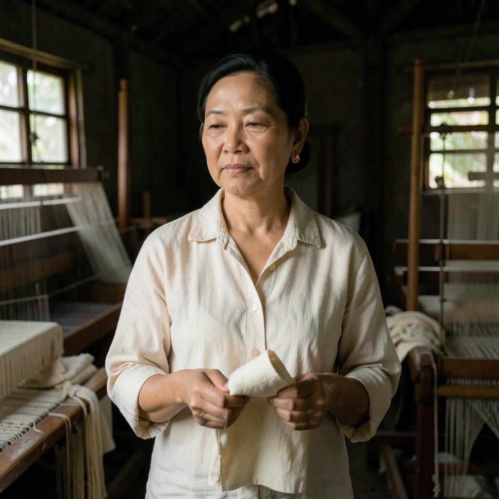 Portrait of Lada Sorn in a weaving shed, holding a folded cloth sample under copper light