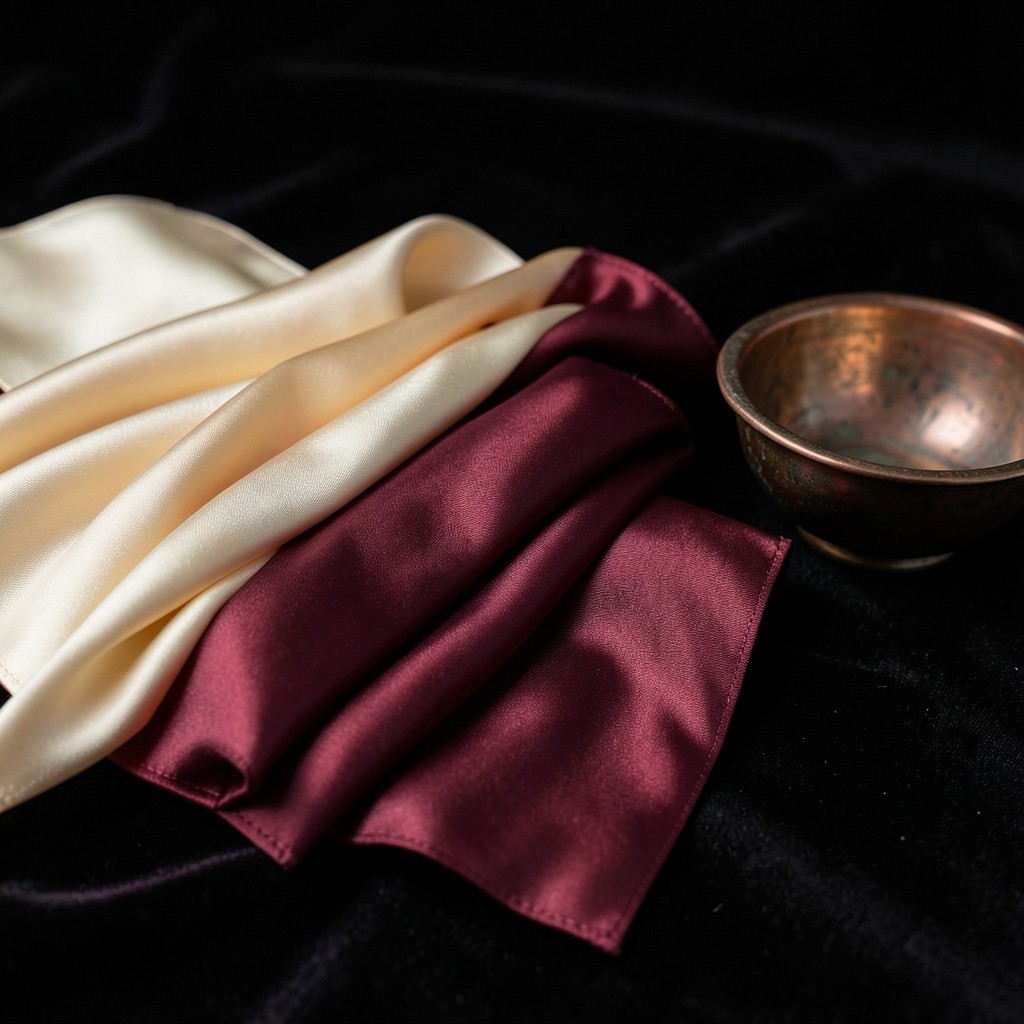 Silk shade ribbons from ivory to burgundy laid on black cloth beside a copper bowl