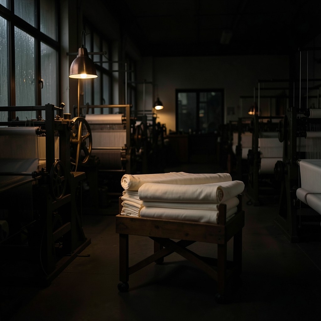 A weaving aisle after a night shift, one copper lamp still lit and cloth rolls waiting on a cart