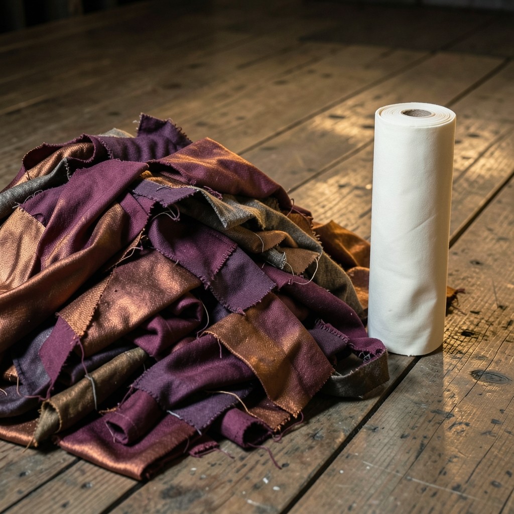 A pile of rejected cloth pieces next to a clean bolt on a wooden mill floor