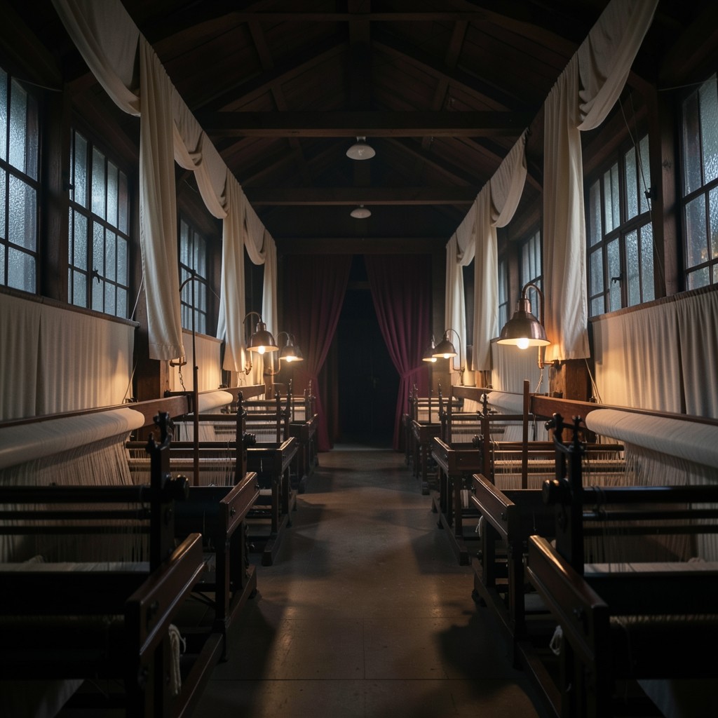 Night weaving shed with rows of looms, copper lamp light, and ivory cloth on the beams