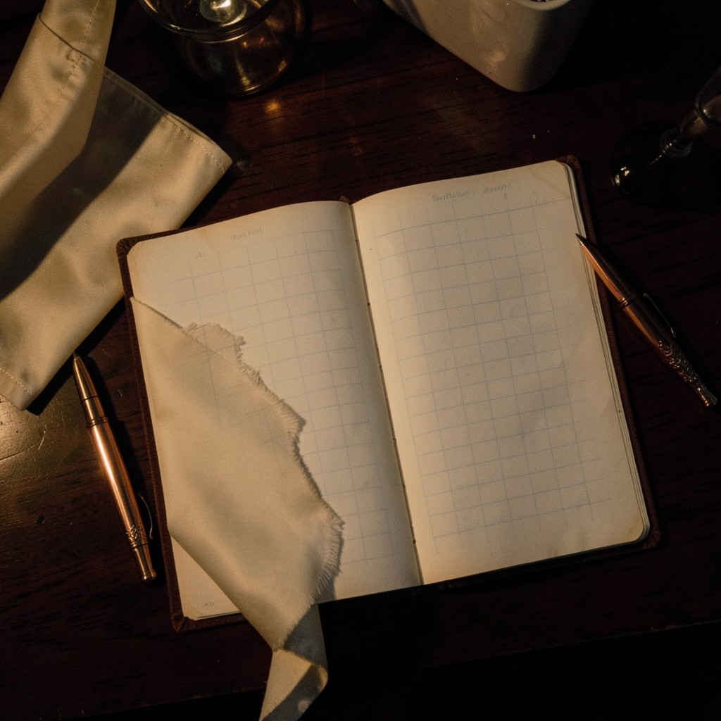 Open cloth-bound ledger with faint empty grids beside a bolt of ivory fabric and a copper pen