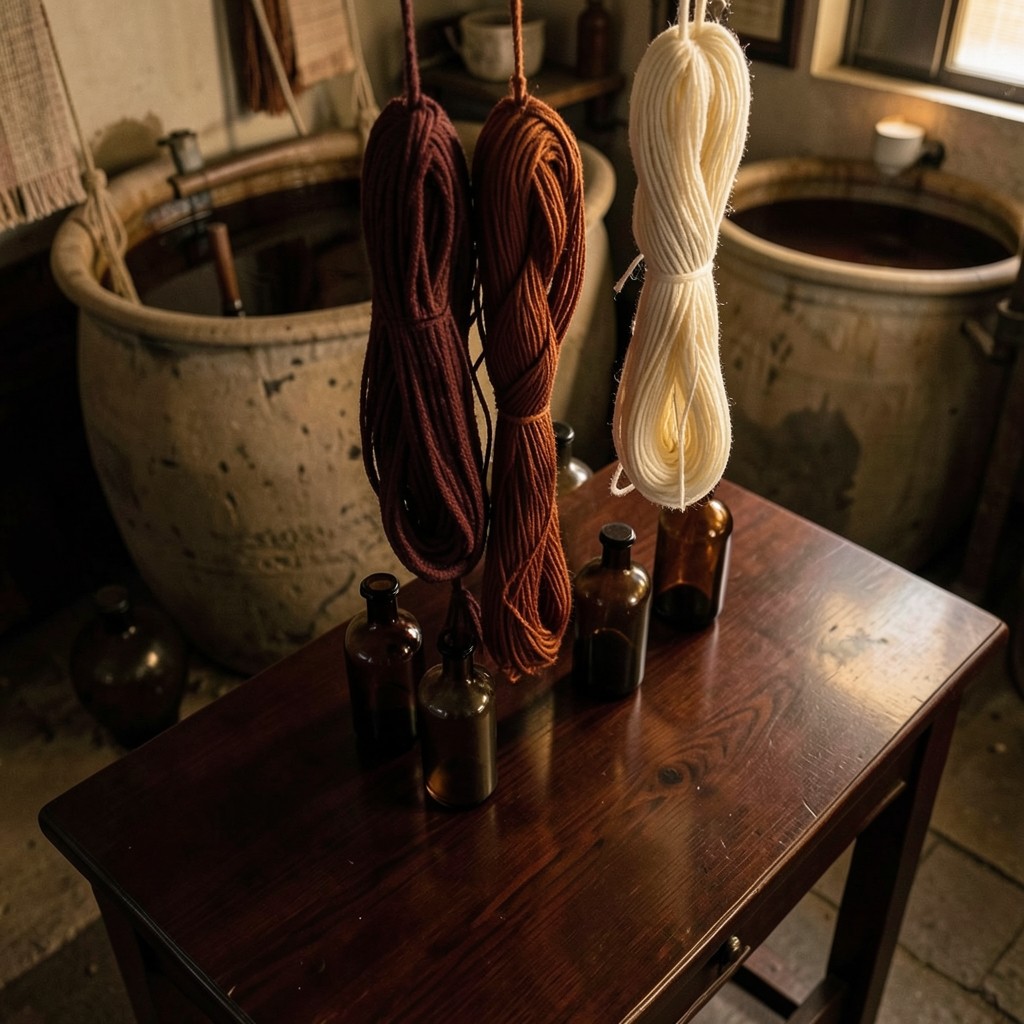 Hanging yarn skeins in burgundy, copper, and ivory beside ceramic dye vats on a dark lacquered table