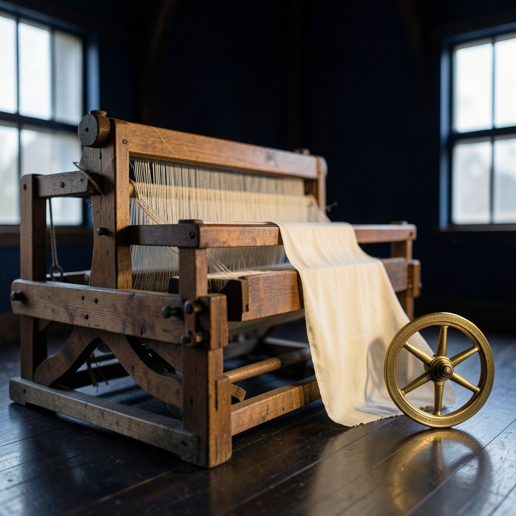 Close view of a wooden loom and copper measuring wheel with cream cloth on the beam