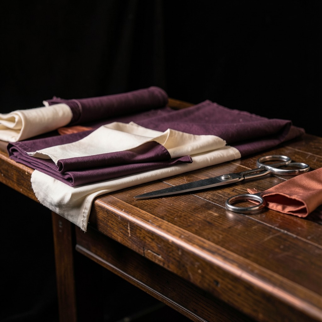 Folded cloth remnants in plum, ivory, and faded copper on a dark wooden cutting table