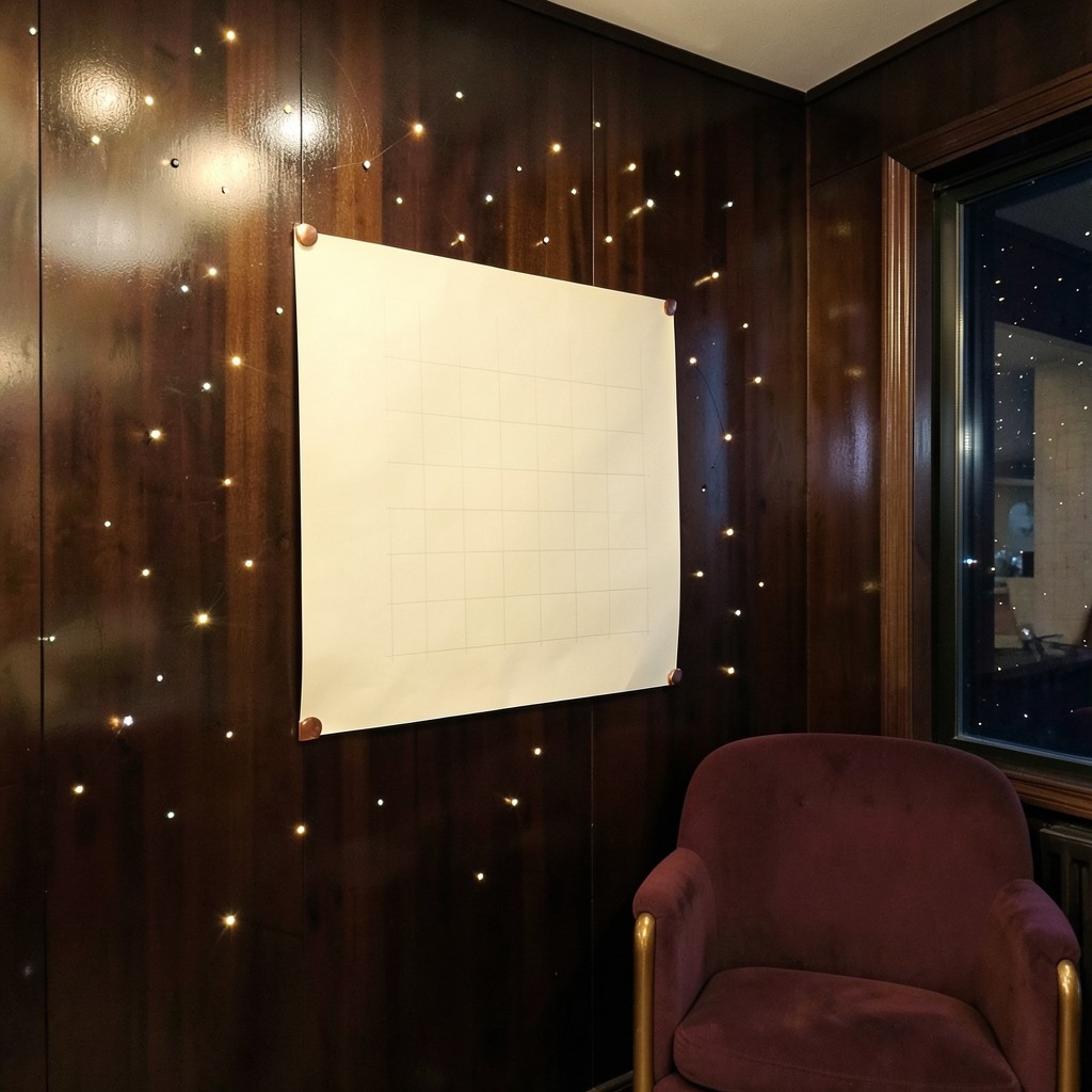 Dark lacquered mill office with a large blank cream chart sheet pinned by copper corners